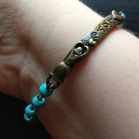 Turquoise LOVE Bracelet 6.5" - 7.5" semi-precious stones brass new old stock - Picture 1 of 13